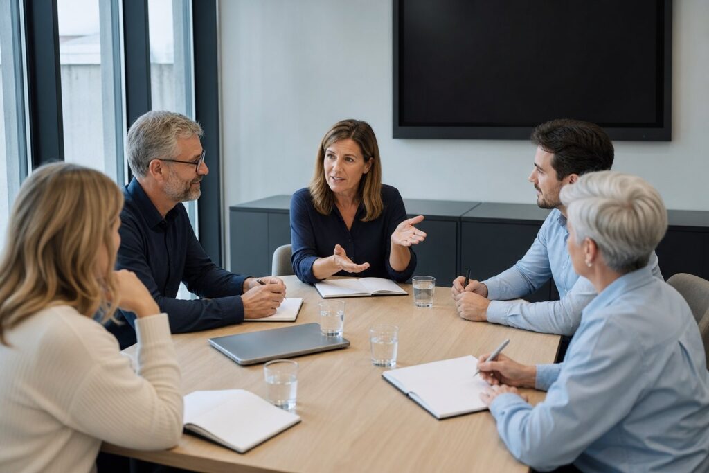 Workshop mit fünf Beraterinnen und Beratern am Tisch