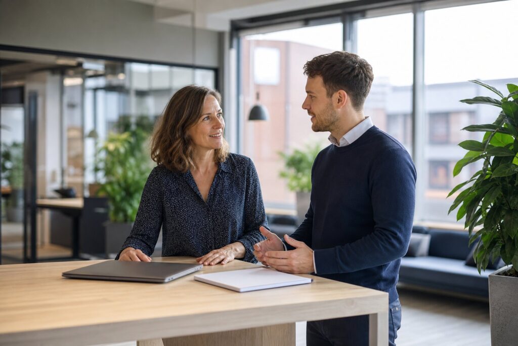 Zwei bKV-Experten im Gespräch in einem hellen Büro